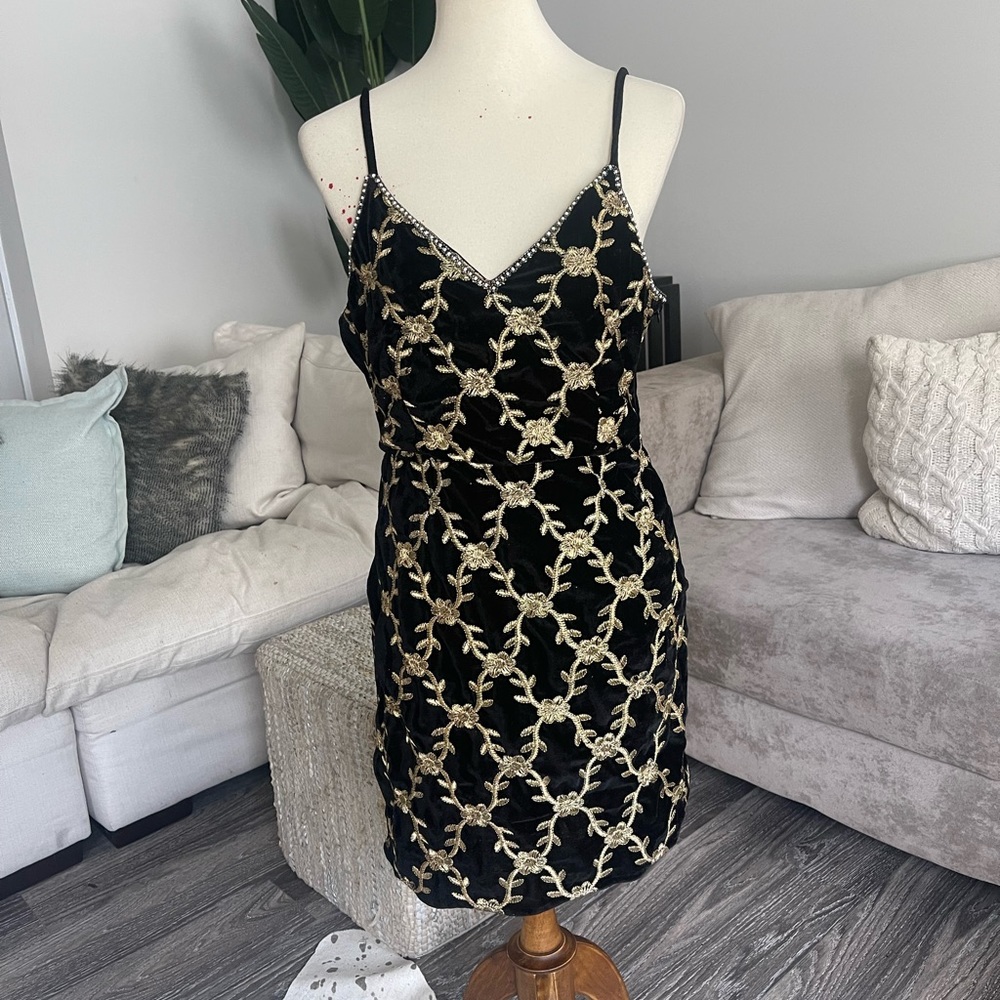 NASTY GAL Gold embroidered black velvet dress
